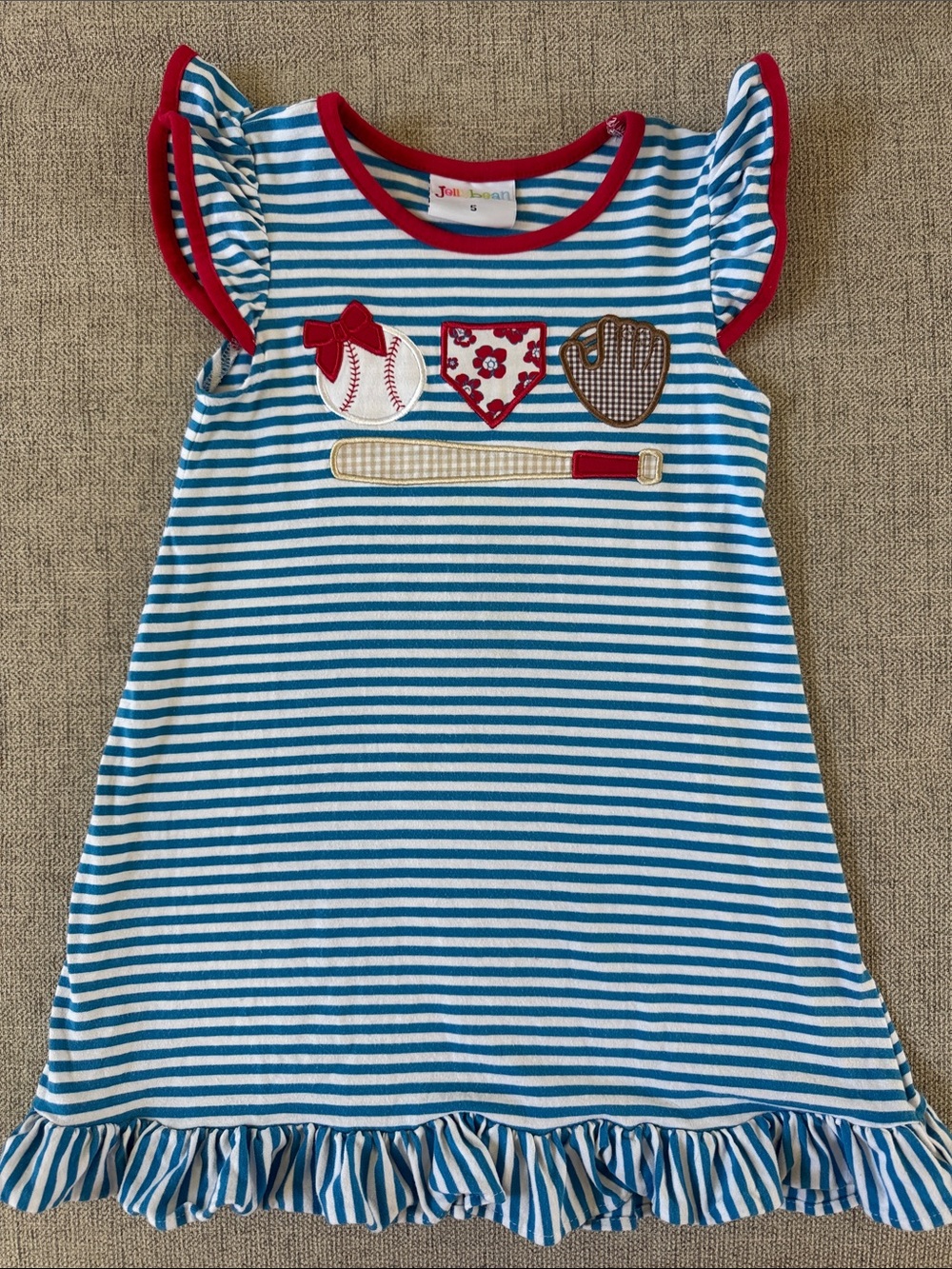 5T Striped Blue & White Ruffle Dress with Red Trim and Baseball Appliqué